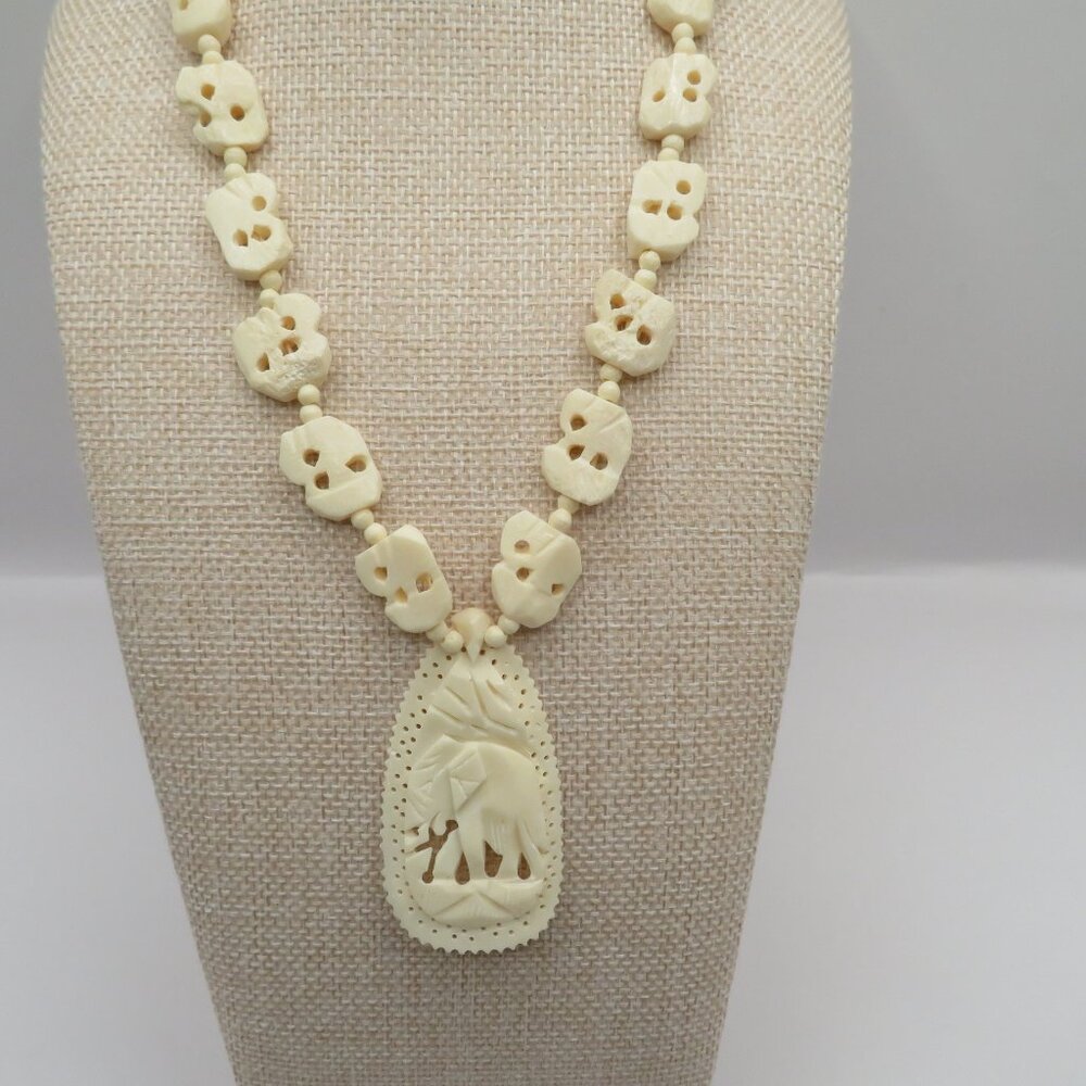 Vintage Elephant Carved Bone Necklace